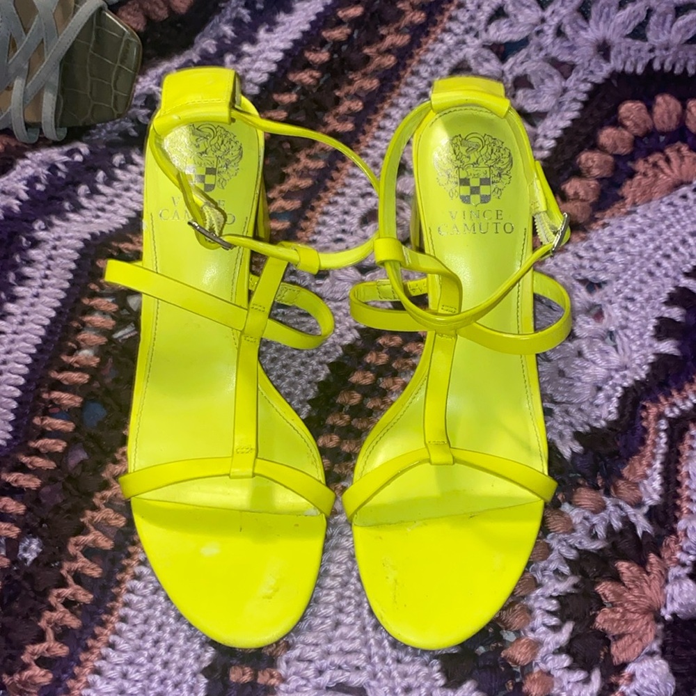 Neon yellow strappy block heel